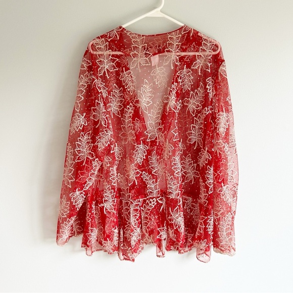 VTG Hosanna Design USA Red Leaf Pattern Beaded Semi Sheer Plus Size Top 2X - Picture 2 of 6